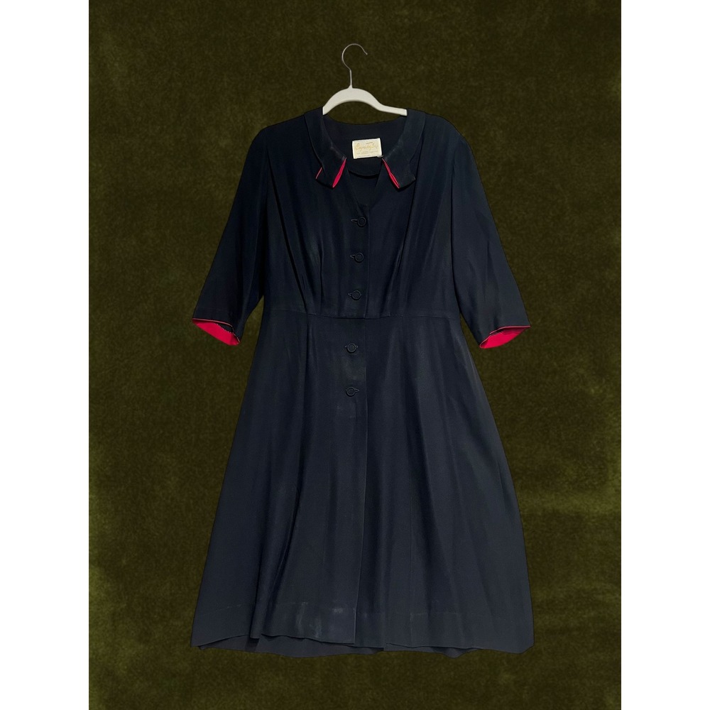 Vintage 1950s Rogers Taylor Navy Blue Fuchsia Pink Trim Fit Flare Dress Mid-Mod